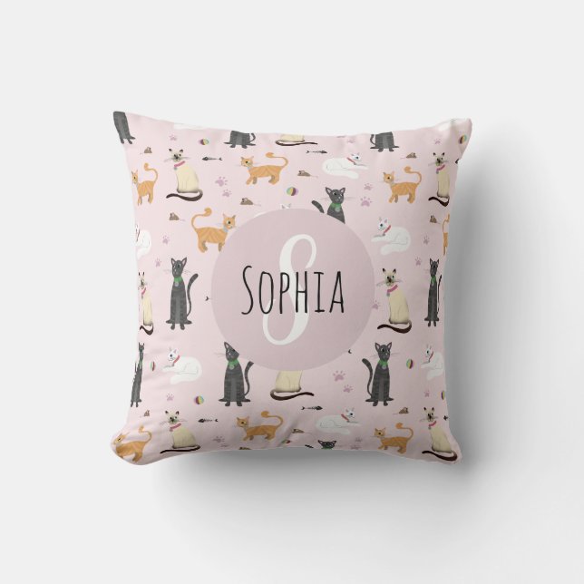 Cute Girly Kitty Cat Pattern Monogram Name Kids Cushion (Front)