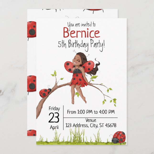 Cute Girly LadyBug 5th Birthday Invitation (Front/Back)