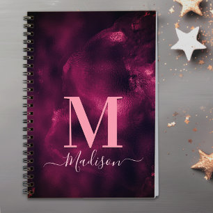 Cute girly magenta pink marble art monogram  notebook