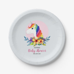 Cute Girly Magical Unicorn and Flowers Baby Shower Paper Plate