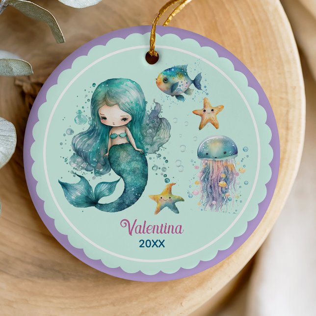 Cute girly mermaid ocean purple christmas keepsake ceramic ornament (Creator Uploaded)