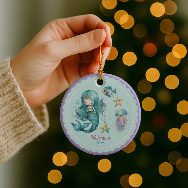 Cute girly mermaid ocean purple christmas keepsake ceramic ornament (Creator Uploaded)
