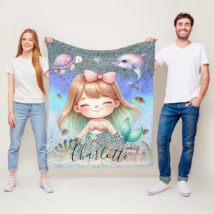 Cute Girly "Mermaid Under The Sea" Blonde Hair Fleece Blanket
