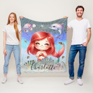 Cute Girly "Mermaid Under The Sea" Red Hair Fleece Blanket