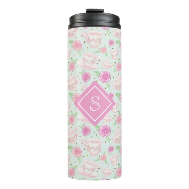 Cute Girly Mint And Pink Tea Party Monogram Thermal Tumbler (Front)