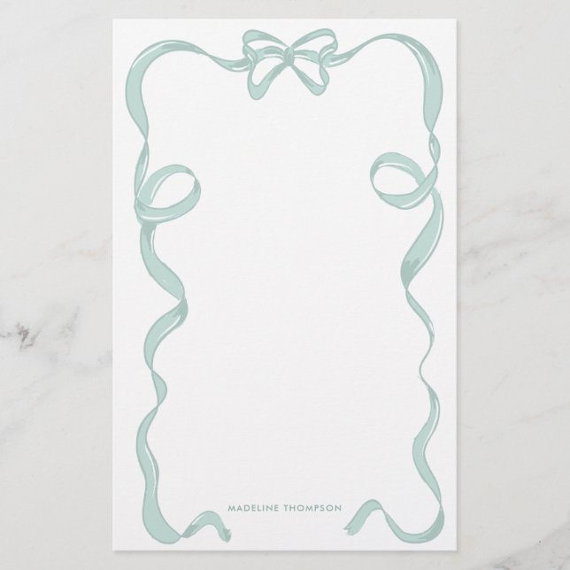 Cute Girly Mint Green Bow Ribbon Frame Stationery (Front)