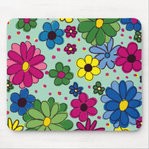 Cute, Girly Mint Green with Colourful Floral Mouse Pad