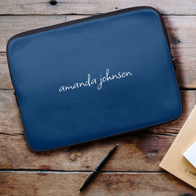 Cute Girly Modern Blue Monogram Cursive Full Name Laptop Sleeve (Creator Uploaded)
