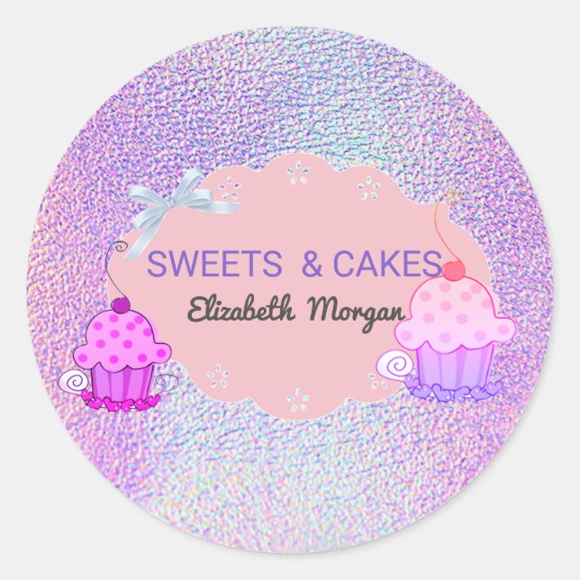 Cute Girly Modern, Holographic Cupcake Bakery Classic Round Sticker (Front)