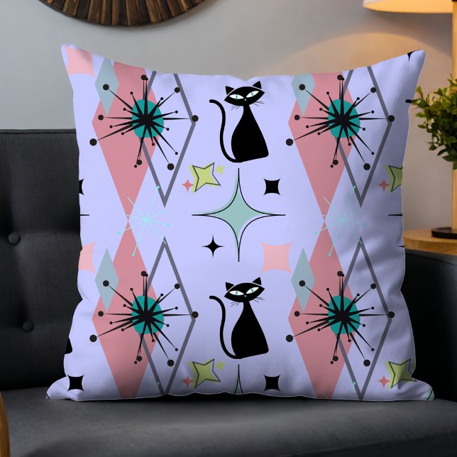 Cute Girly Modern Mid-Century Stars & Cat Blue Cushion (Creator Uploaded)