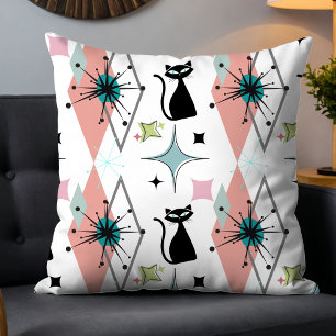 Cute Girly Modern Mid-Century Stars & Cat White Cushion