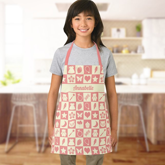 Cute Girly Modern Pink Chequered Icons Pattern Apron (Creator Uploaded)