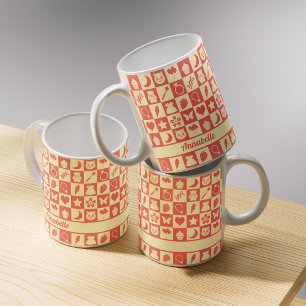 Cute Girly Modern Pink Chequered Icons Pattern Coffee Mug