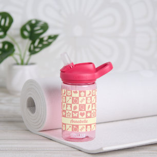 Cute Girly Modern Pink Chequered Icons Pattern Water Bottle