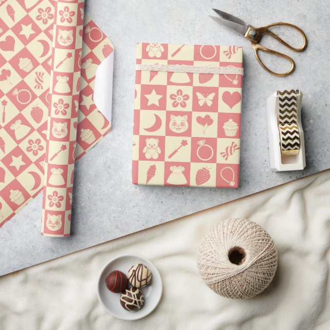 Cute Girly Modern Pink Chequered Icons Pattern Wrapping Paper (Crafts)