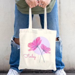 Cute & Girly Modern Pink Flowers Chic Custom Name Tote Bag