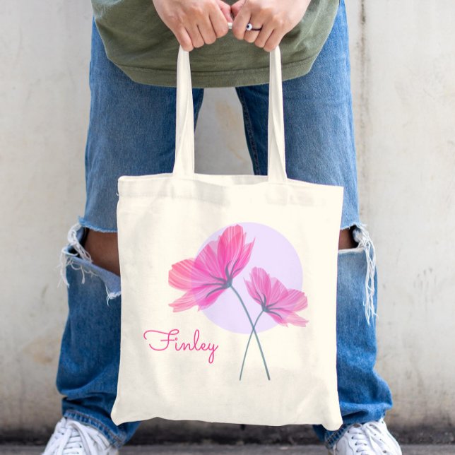 Cute & Girly Modern Pink Flowers Chic Custom Name Tote Bag (Creator Uploaded)