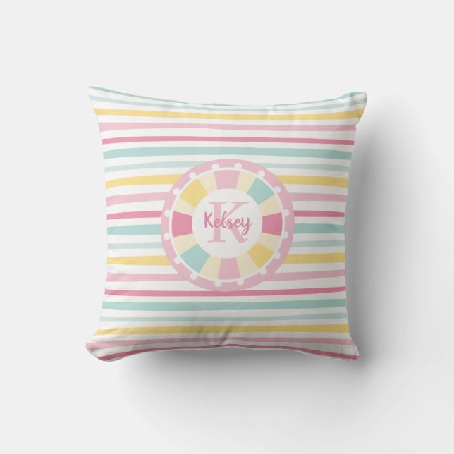 Cute Girly Monogram Colourful Striped Cushion (Front)