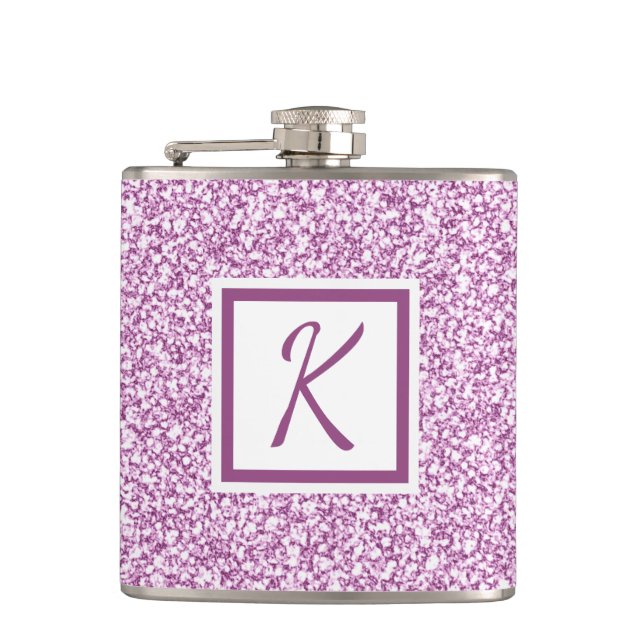 Cute Girly Monogram Pink Sparkle Flask (Front)