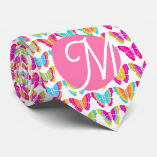 Cute Girly Multicolor Rainbow Butterflies Monogram Tie
