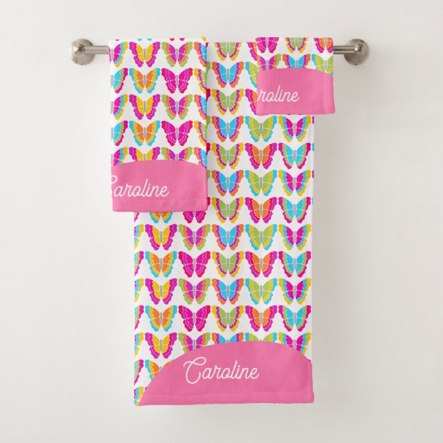 Cute Girly Multicolor Rainbow Butterflies Name Bath Towel Set (Insitu)