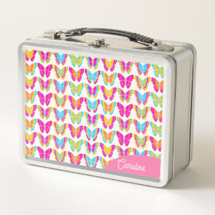 Cute Girly Multicolor Rainbow Butterflies Name Metal Lunch Box