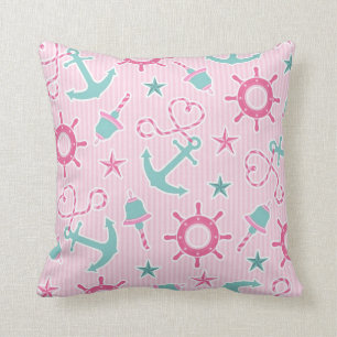 Cute Girly Nautical Print Pink Stripe Cushion