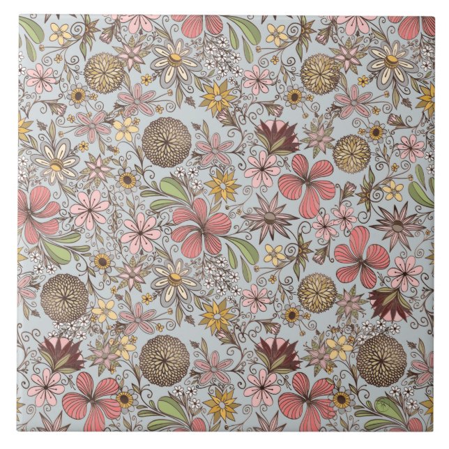 Cute Girly Old Rose Pink Floral Doodles Design Ceramic Tile (Front)