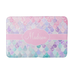 Cute Girly Ombre Mermaid Pattern Monogrammed Bath Mat