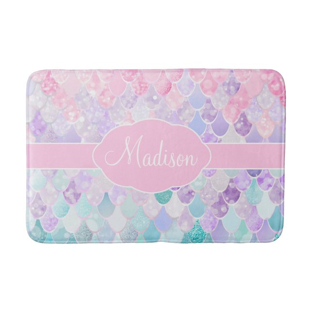 Cute Girly Ombre Mermaid Pattern Monogrammed Bath Mat (Front)