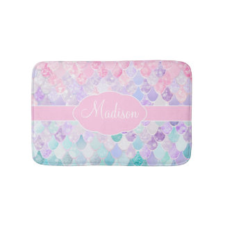 Cute Girly Ombre Mermaid Pattern Monogrammed Bath Mat