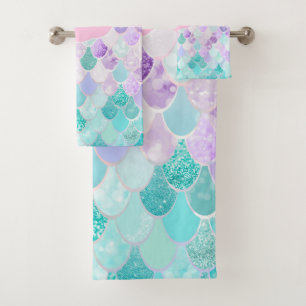 Cute Girly Ombre Mermaid Pattern Monogrammed Bath Towel Set