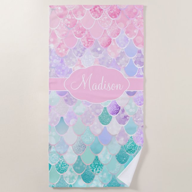 Cute Girly Ombre Mermaid Pattern Monogrammed Beach Towel (Front)