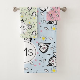 Cute Girly Pastel Blue Unicorn Pattern Monogram Bath Towel Set