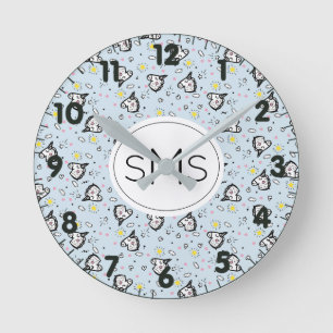Cute Girly Pastel Blue Unicorn Pattern Monogram Round Clock