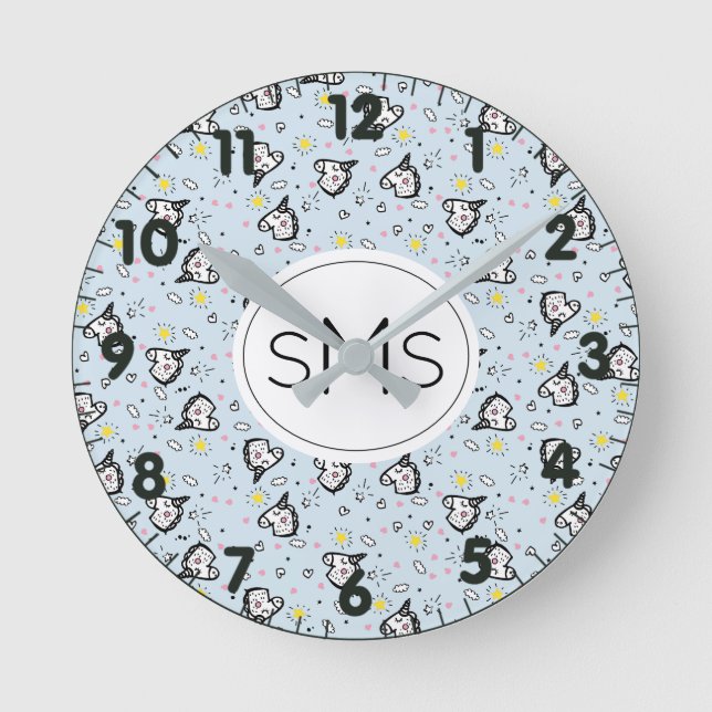 Cute Girly Pastel Blue Unicorn Pattern Monogram Round Clock (Front)