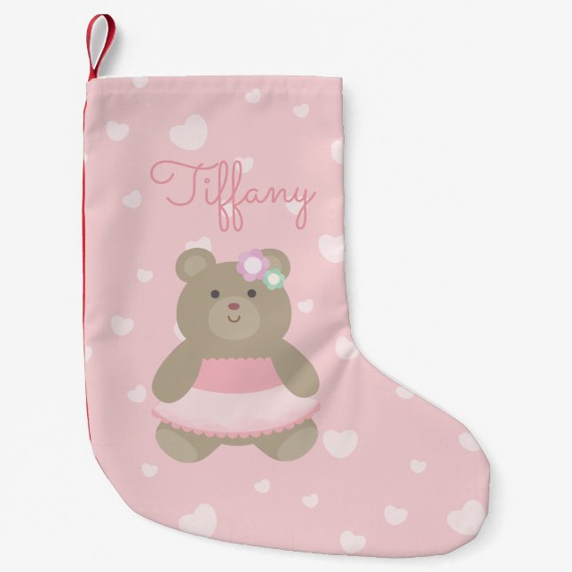 Cute Girly Pastel Pink Ballerina Bear Cub Kids Small Christmas Stocking (Front)