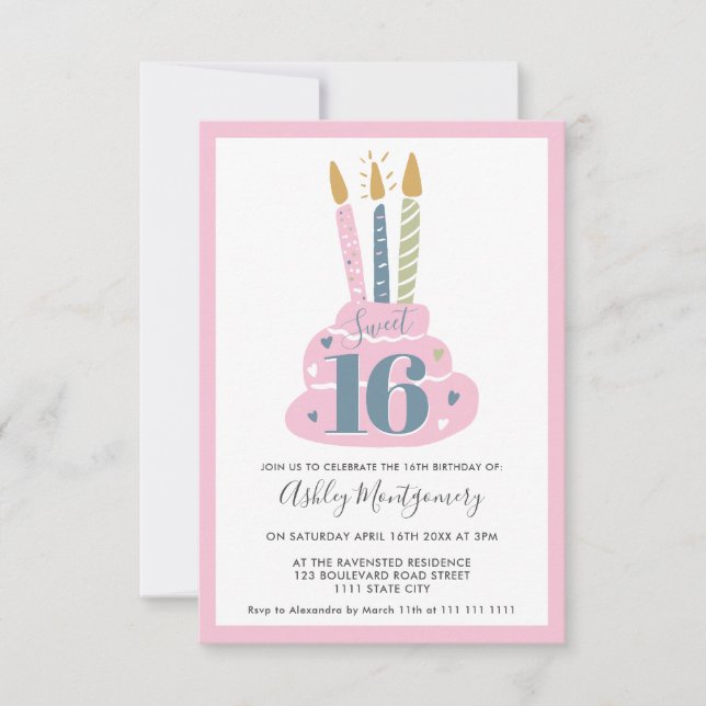 Cute girly pastel pink candles cake photo Sweet 16 Invitation (Front)