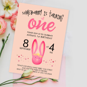 Cute Girly Pastel Pink Peach Bunny 1st Birthday Invitation