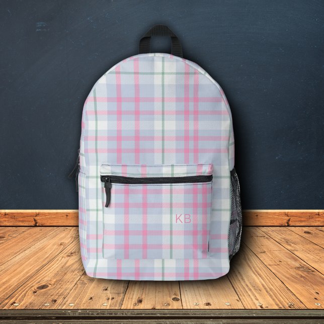 Cute Girly Pastel Plaid Check Monogram Initials Printed Backpack (Creator Uploaded)