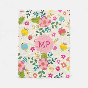 Cute Girly Pastel Spring Flower Pattern + Monogram Fleece Blanket