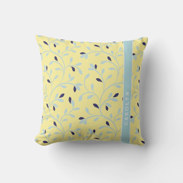 Cute girly pastel yellow floral pattern monogram cushion (Front)