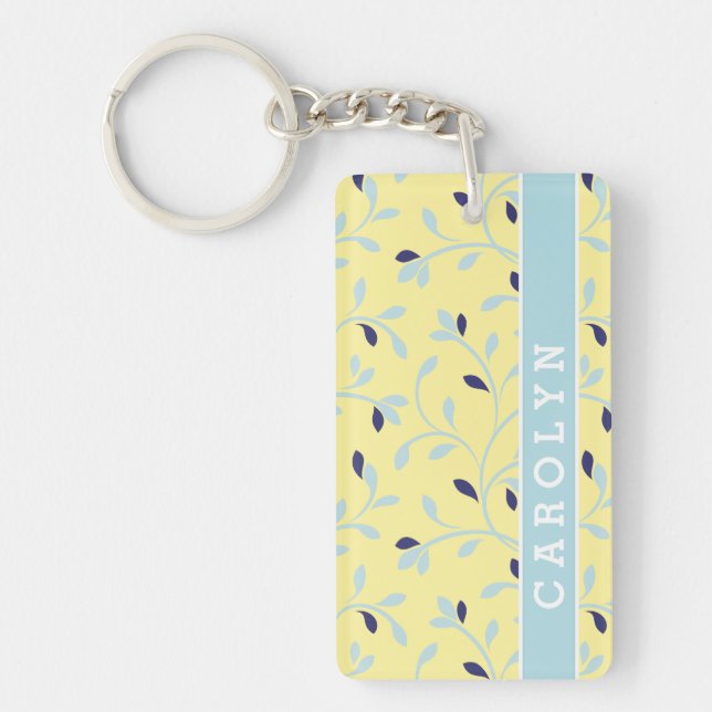 Cute girly pastel yellow floral pattern monogram key ring (Front)