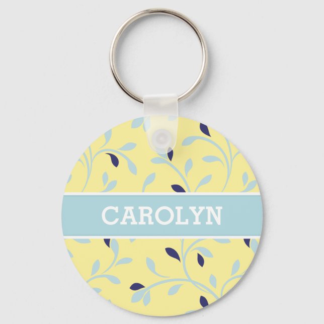 Cute girly pastel yellow floral pattern monogram key ring (Front)