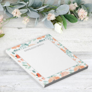 Cute Girly Peach Flowers Green Leaves   Notepad