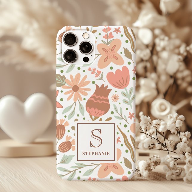 Cute Girly Peach Flowers Stylish Monogram Name (Creator Uploaded)