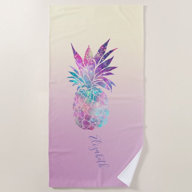 Cute Girly  Pineapple ,Ombre  -Personalised Beach Towel (Front)