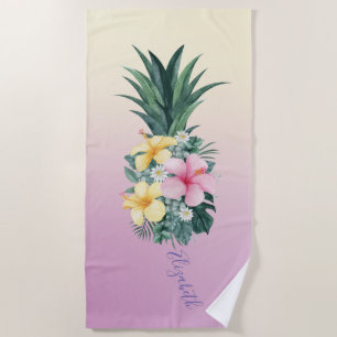 Cute Girly  Pineapple Tropical Flowers ,Ombre Beach Towel
