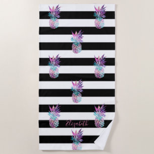 Cute Girly Pineapples, Black White Stripes Beach Towel