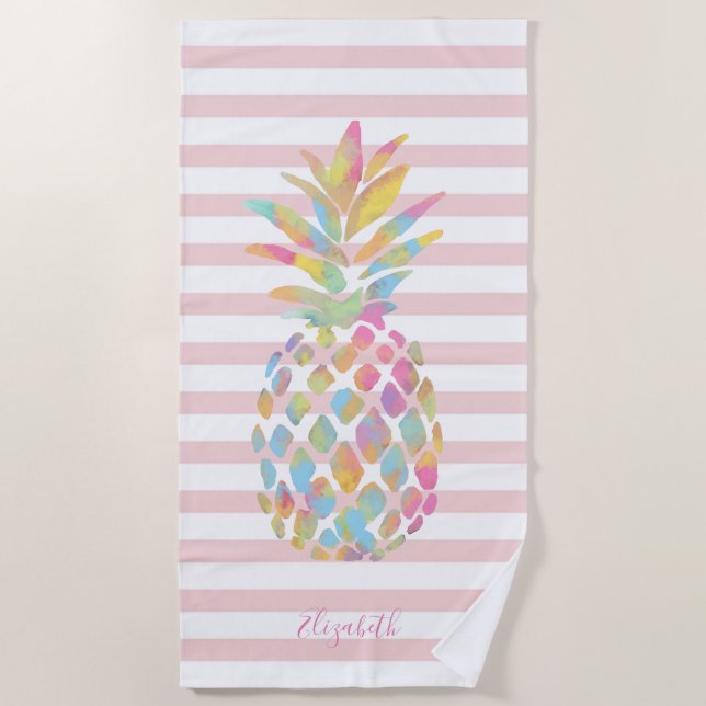 Cute Girly Pineapples Pink Stripes  -Personalised Beach Towel (Front)